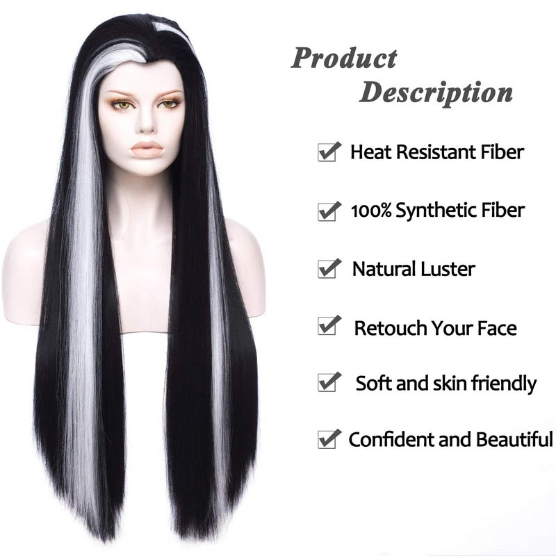 MORTICIA Long Straight Black and White Mixed Widow Peak Design Women Costume Wig - Image 2